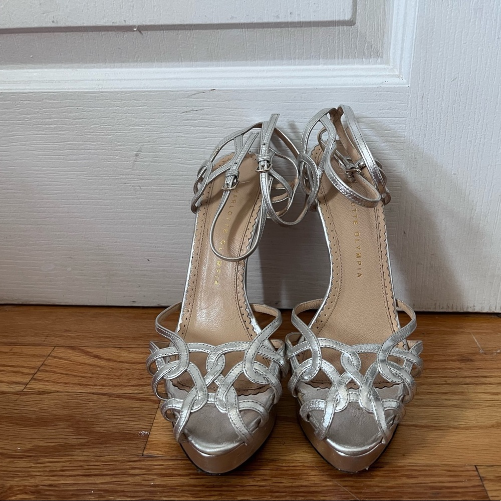 Metallic silver leather Charlotte Olympia strappy platform sandals